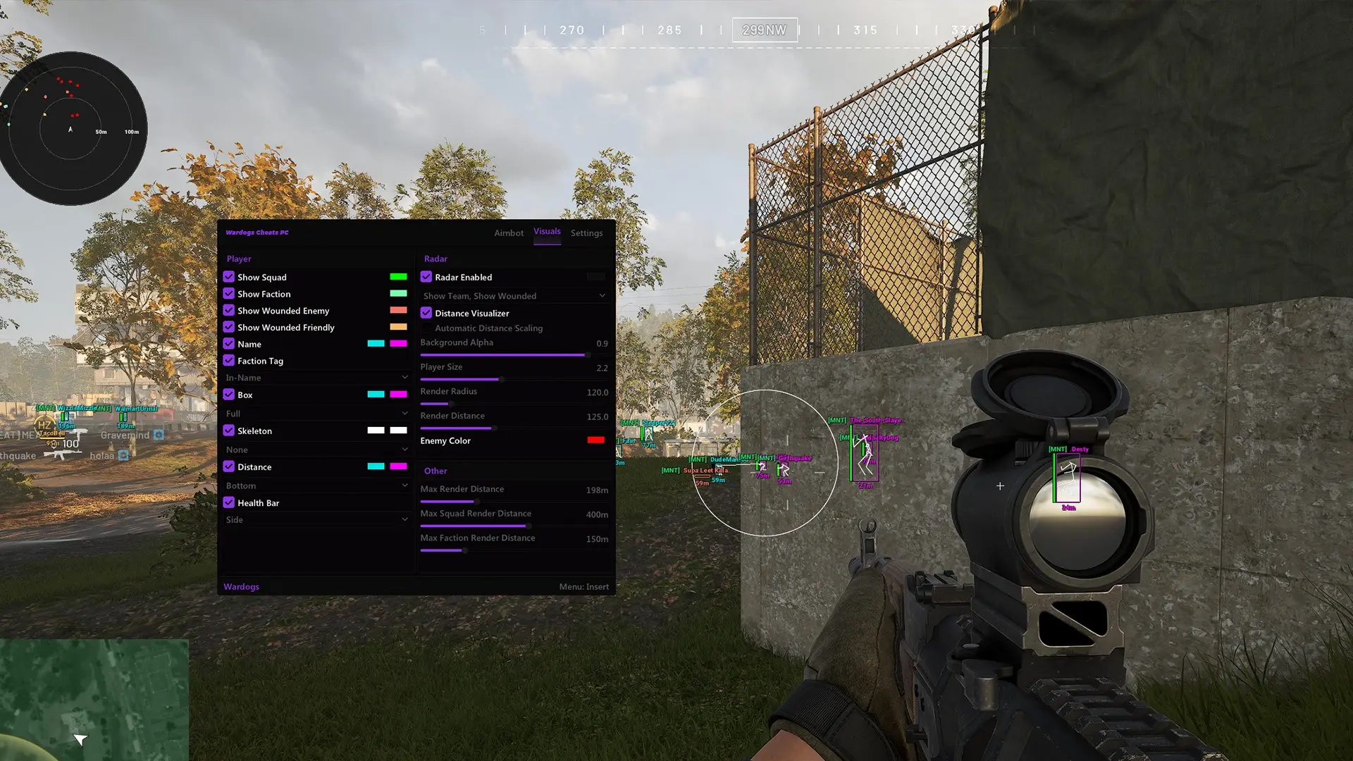 WARDOGS Visuals menu showing player ESP options, colored player markers and radar settings during gameplay