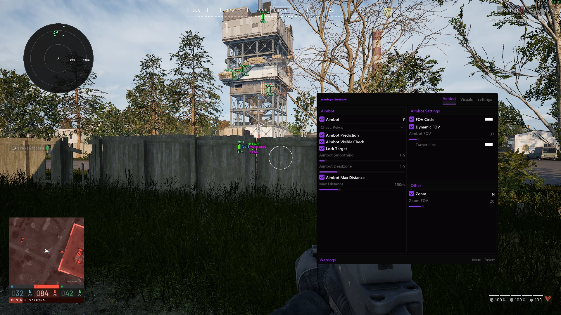 WARDOGS aimbot menu showing target selection, smoothing, deadzone, maximum distance and FOV controls