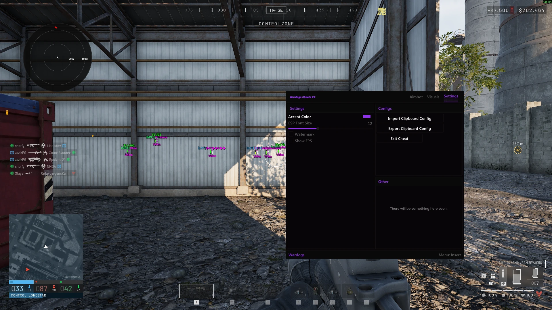 WARDOGS settings menu showing accent color, ESP font size and clipboard configuration import and export controls